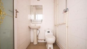 A small, white-walled bathroom with a pedestal sink, toilet, and a mirror above the sink.