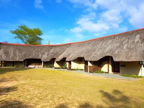 Um edifício com telhado de palha, um pátio de cascalho e uma árvore.