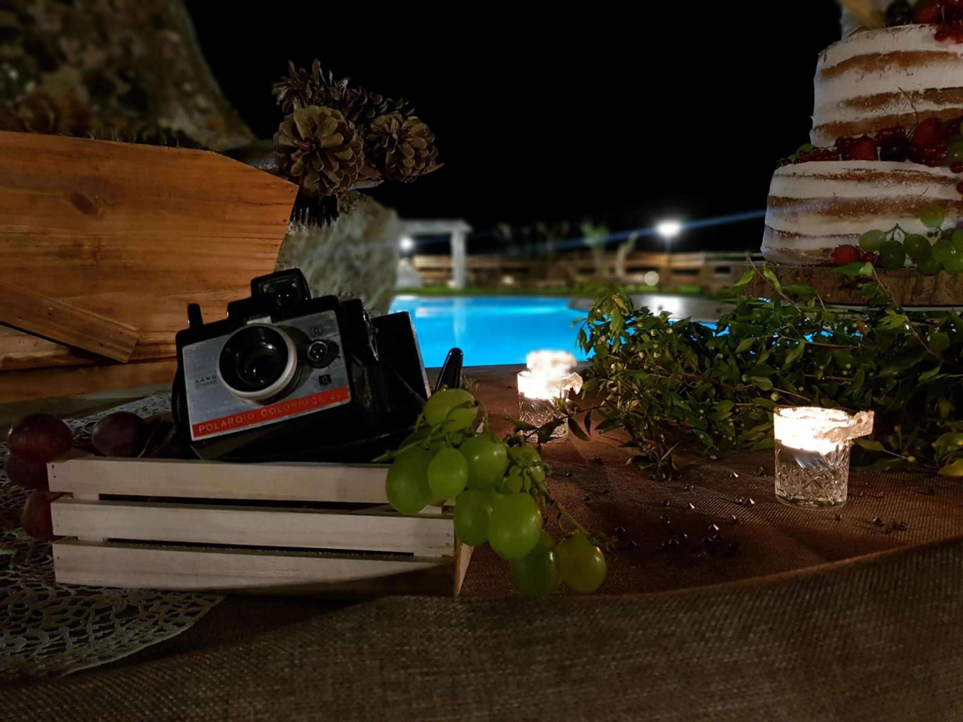 A wooden table with a Polaroid camera, grapes, a candle, and a cake by a pool at night.