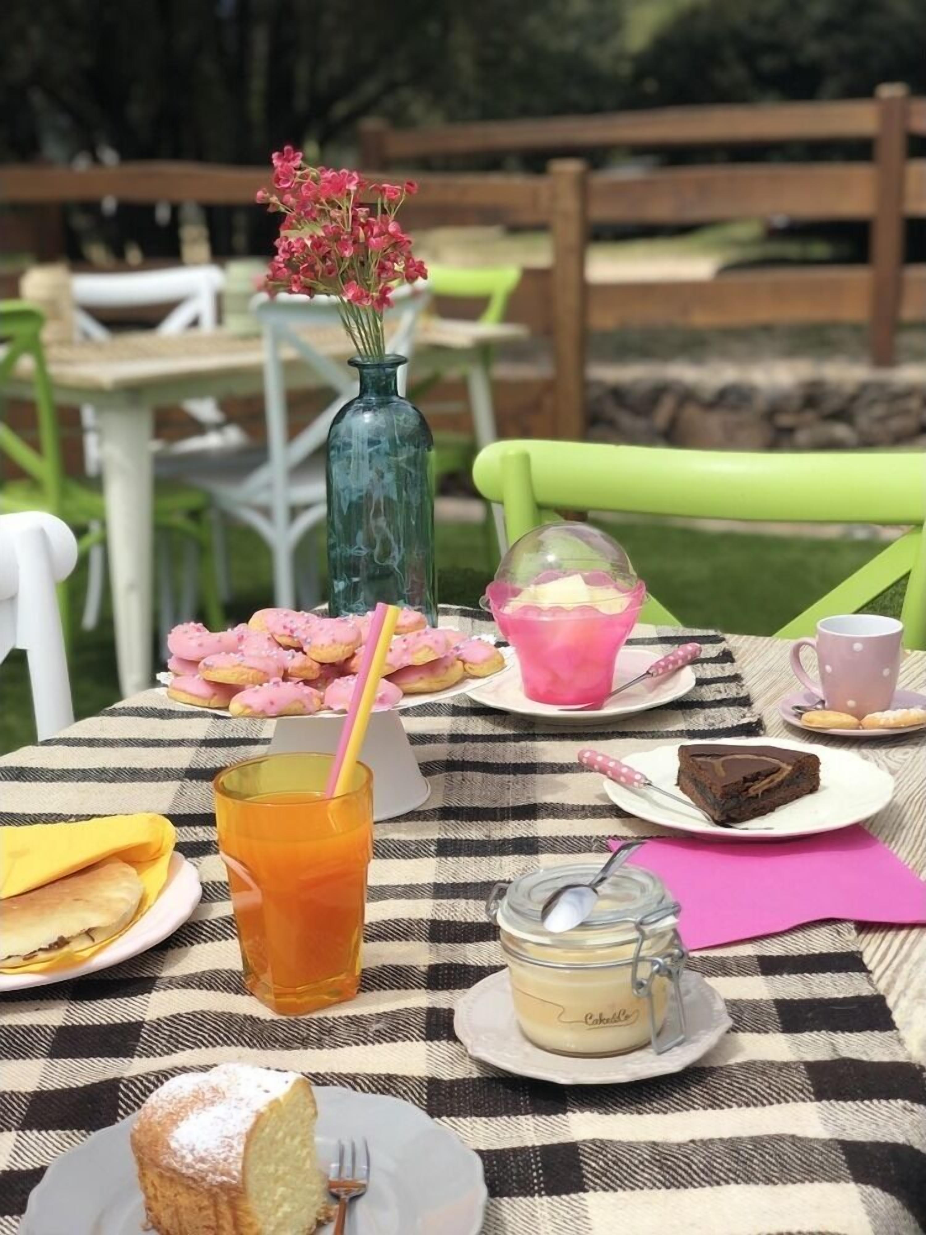 Mesa al aire libre con mantel a cuadros, diferentes platillos, un vaso de té helado y un jarrón con flores.