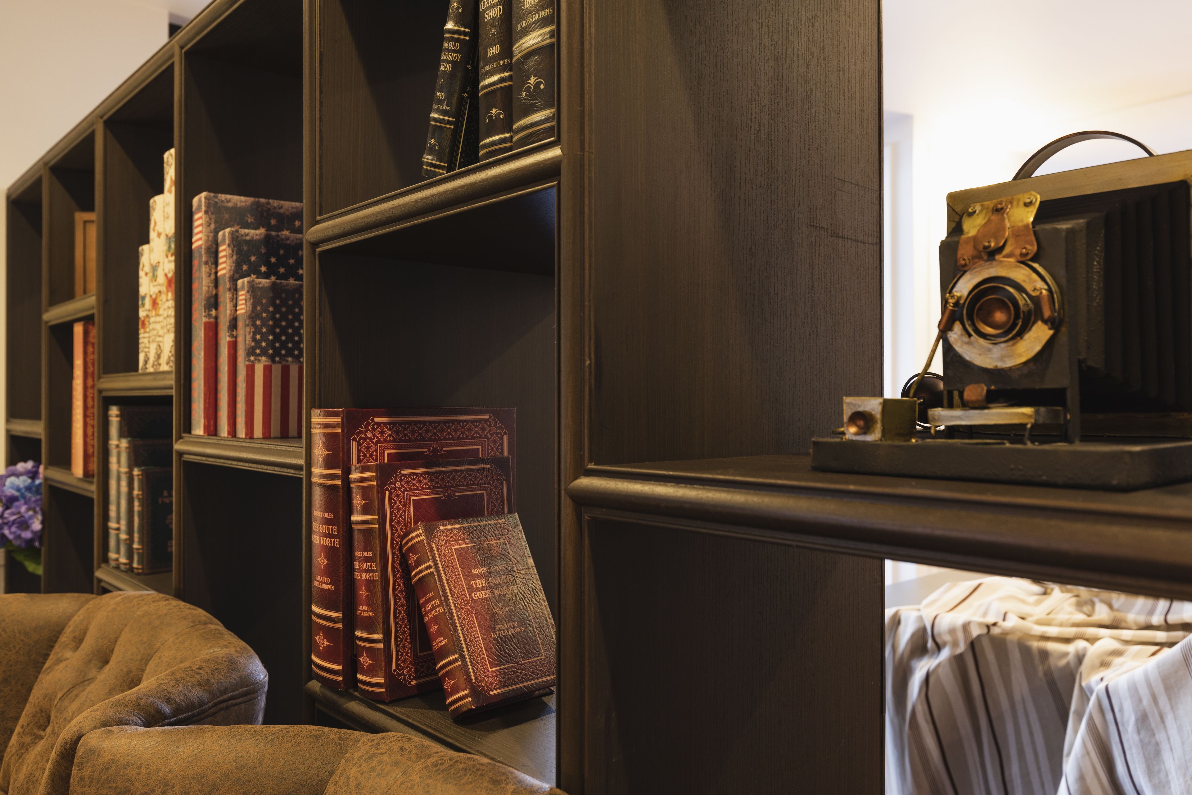 A bookshelf with books and a vintage camera.