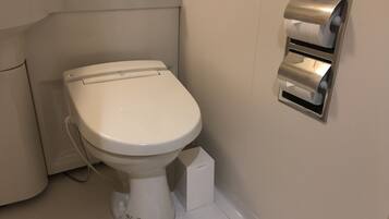 Een toilet met een bidet, een papieren handdoekdispenser en een kleine prullenbak.