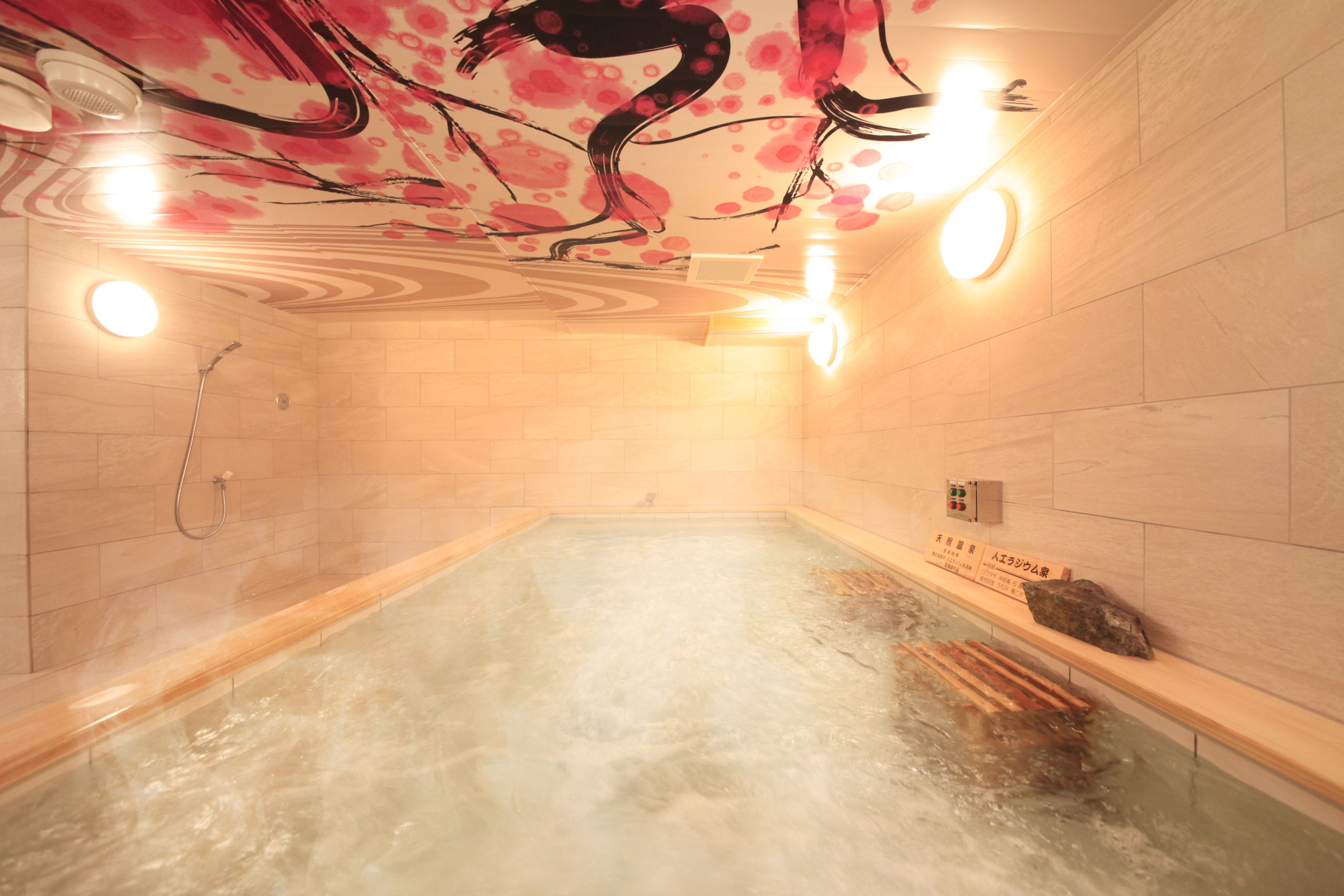 Un jacuzzi con un mural en el techo, paredes con azulejos y un banco de madera.