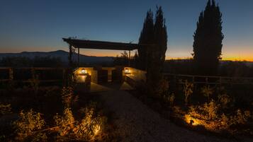 A nighttime view of a rustic outdoor area with a wooden pergola, a gravel path, and tall cypress trees.