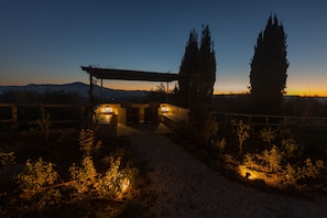 Vue nocturne d'un espace extérieur rustique, agrémenté d'une pergola en bois, d'un chemin de gravier et de grands cyprès.