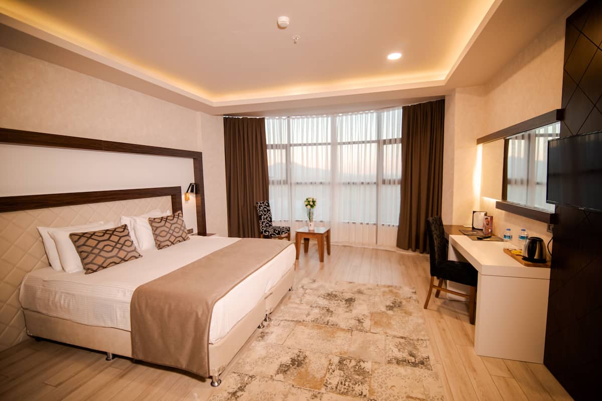 A hotel room with a bed, desk, and large window.
