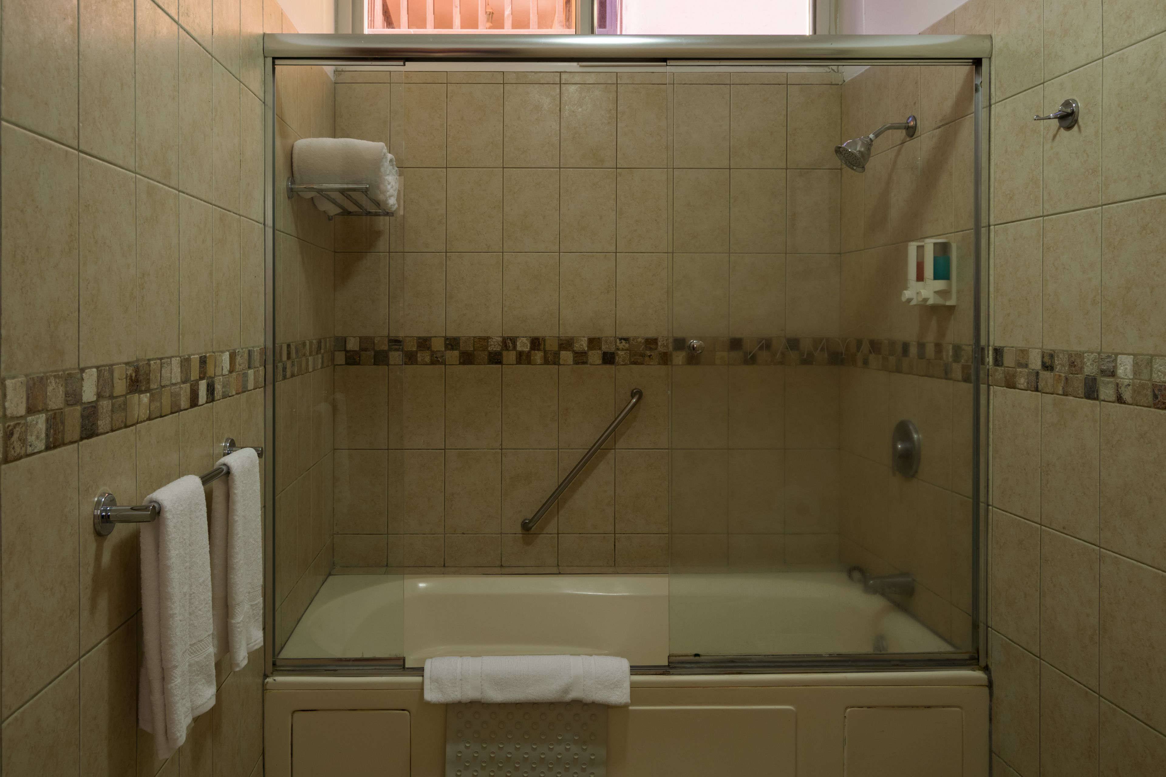 A glass-enclosed shower area with a bathtub, a handrail, and a towel rack with towels.
