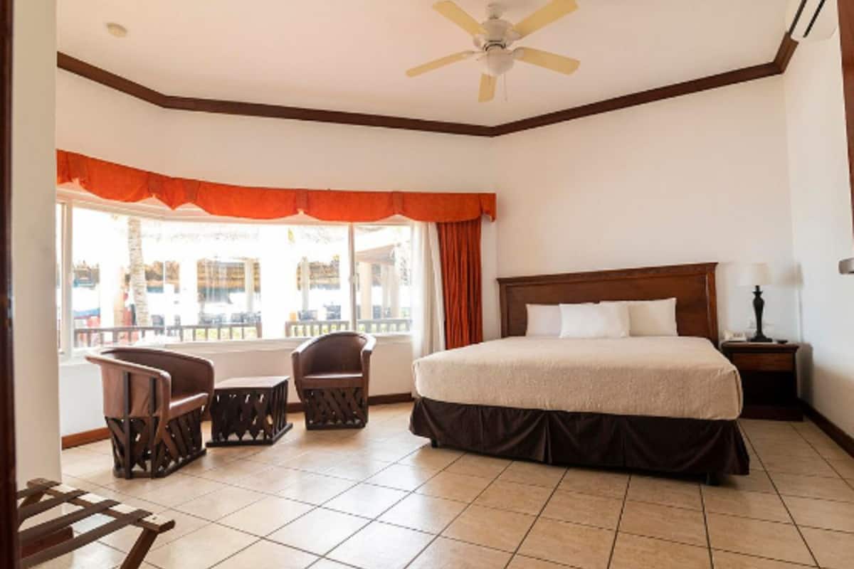 A bedroom with a large bed, a ceiling fan, a window with curtains, and a view of the outside.
