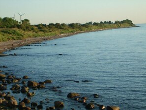 A coastal landscape with a rocky shoreline, a clear sky, and wind turbines in the distance. - Aparthotel Museumshof (Fehmarn)