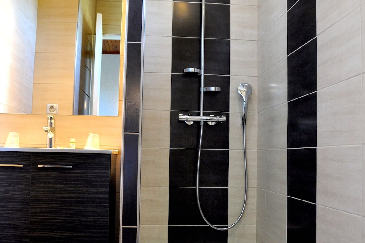 shower, rainfall showerhead, free toiletries, hair dryer