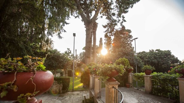 A garden pathway leading to a building entrance, surrounded by potted plants and trees. - Villa De Pietro (Cursi)
