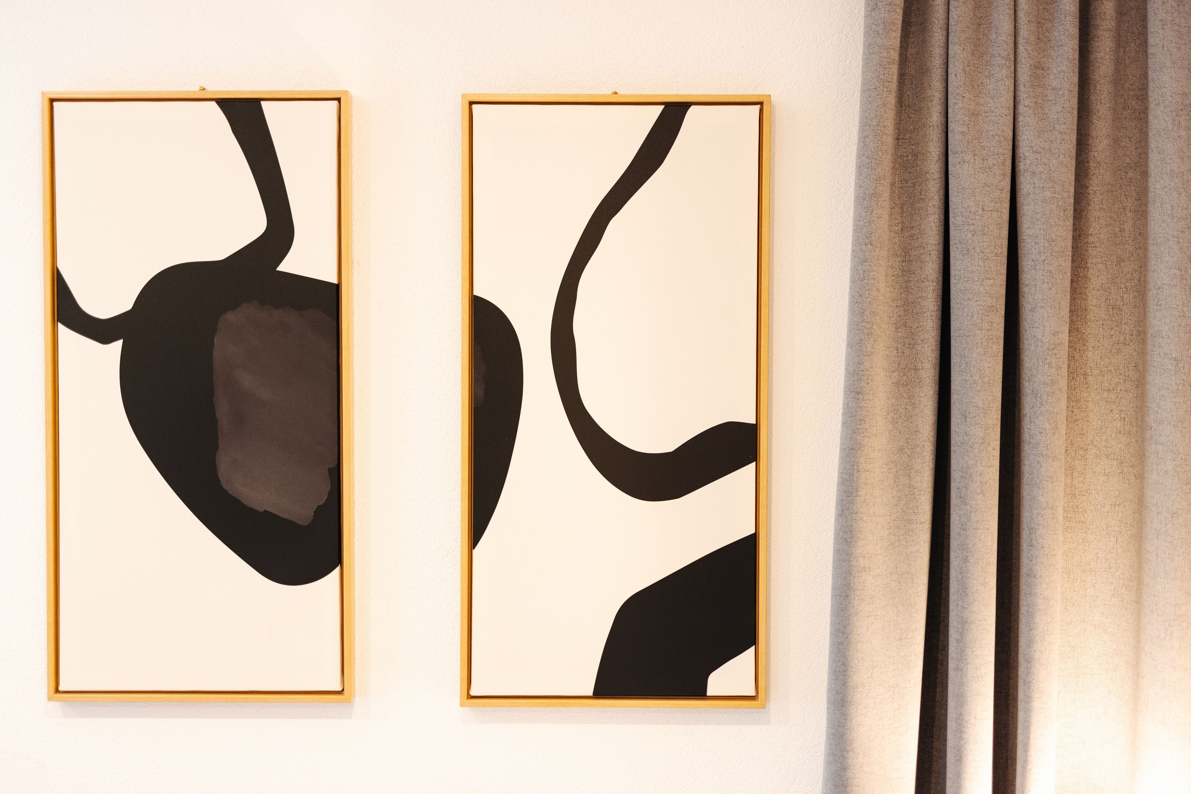 Two framed abstract paintings on a wall.