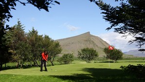 A golf course with a mountain in the background, trees, and a clear sky. - Akranes Guesthouse (Akranes)