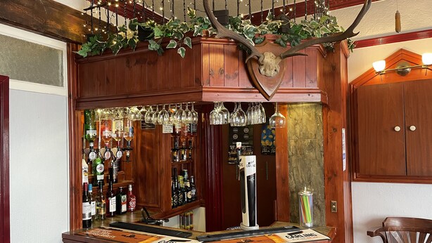 A bar area with wooden paneling, a mounted antler, and various liquor bottles. - Ivydene Guest House (Skegness)