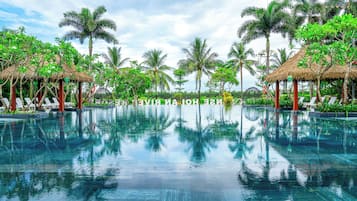 Outdoor pool, pool umbrellas, pool loungers