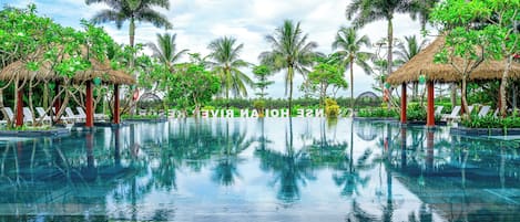Outdoor pool, pool umbrellas, pool loungers