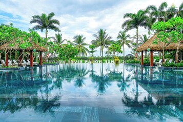 Outdoor pool, pool umbrellas, pool loungers