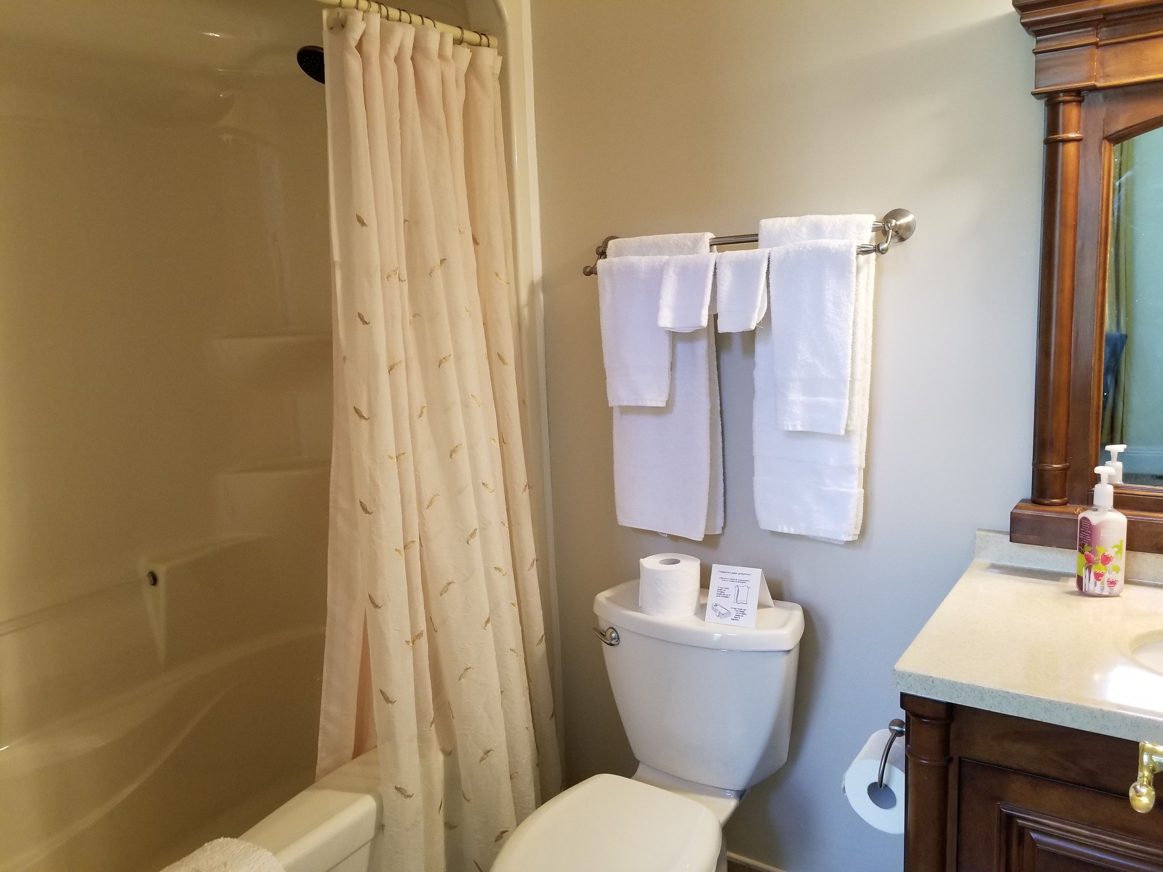 Ein Badezimmer mit Duschvorhang, Toilette, Handtuchhalter mit Handtüchern, einer Toilettenpapierrolle und einer Seifenspender.