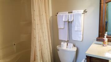 Ein Badezimmer mit Duschvorhang, Toilette, Handtuchhalter mit Handtüchern, einer Toilettenpapierrolle und einer Seifenspender.