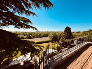 A scenic view from a balcony with a stone railing overlooking a park, a paved walkway, and distant trees.