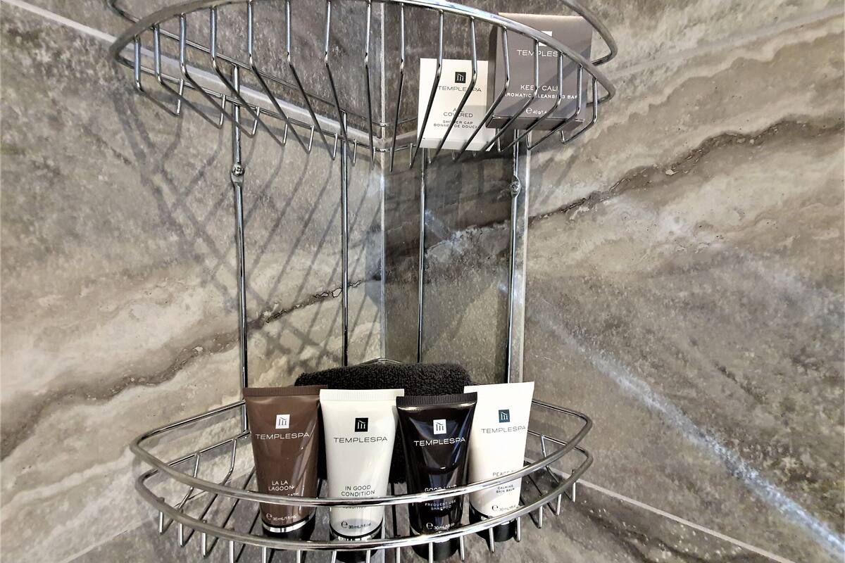 free toiletries, hair dryer, towels