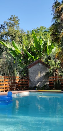 Indoor pool, outdoor pool, sun loungers
