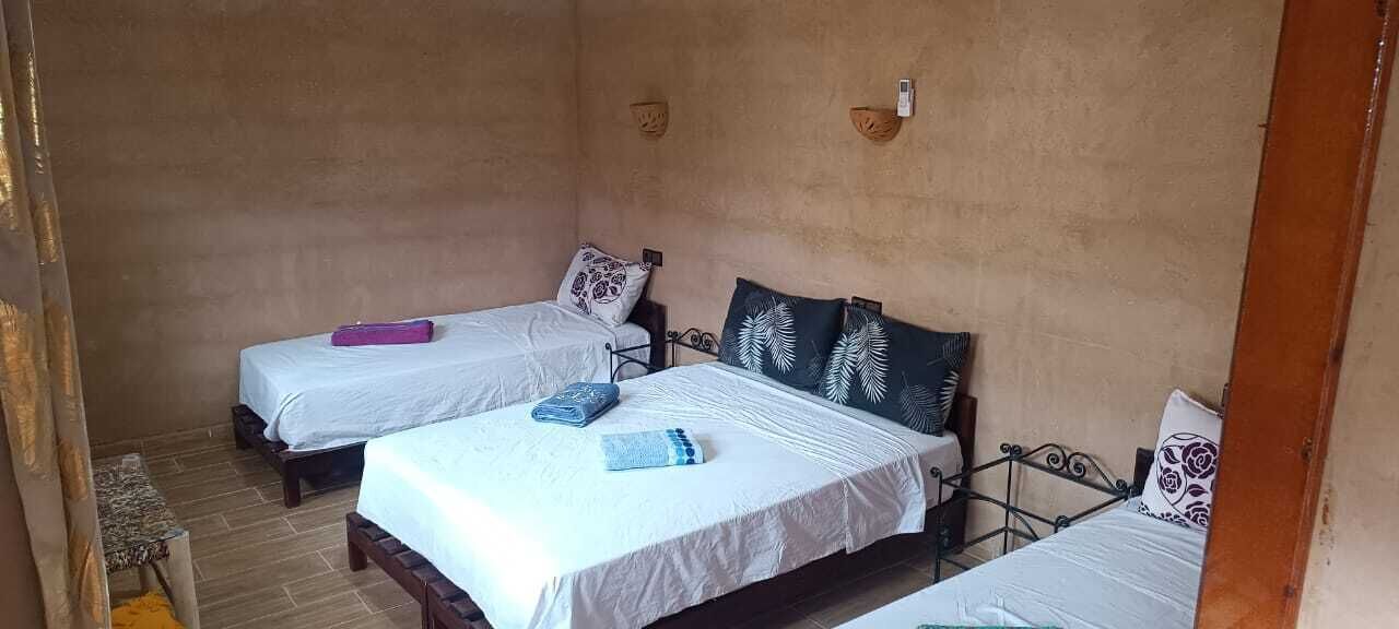 A room with two beds, each with a white bedspread and pillows. There are wall-mounted light fixtures and a wooden door frame.