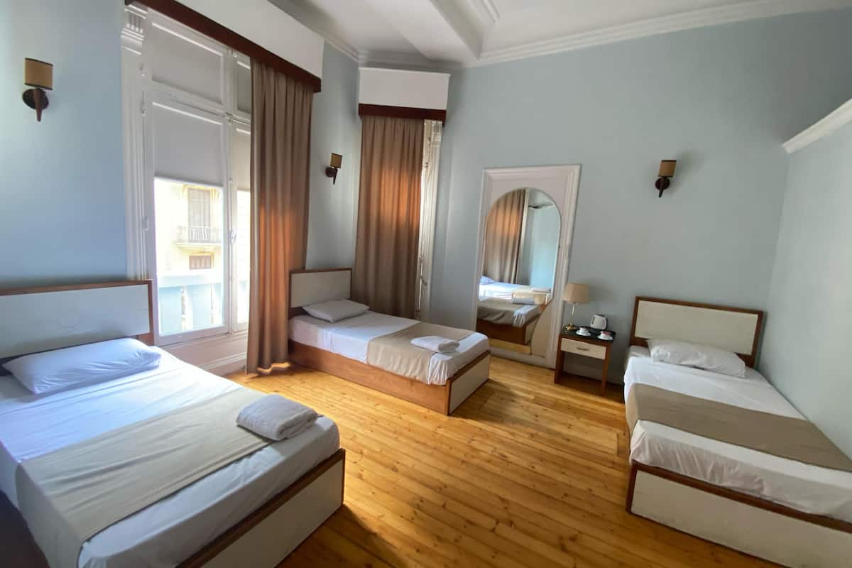 Klassieke driepersoonskamer, 3 eenpersoonsbedden, uitzicht op stad | Luxe beddengoed, een kluis op de kamer, een bureau, een laptopwerkplek
