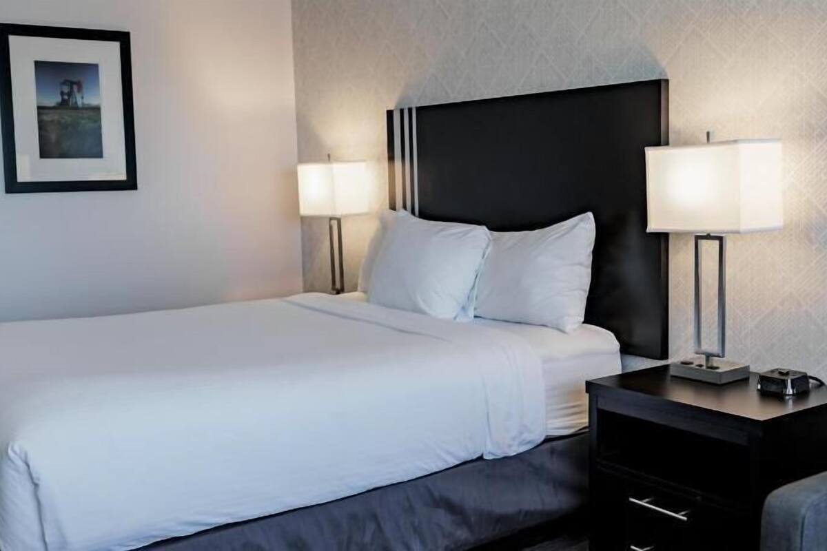 A neatly made bed with white linens, a black headboard, two bedside lamps, and a framed picture on the wall.