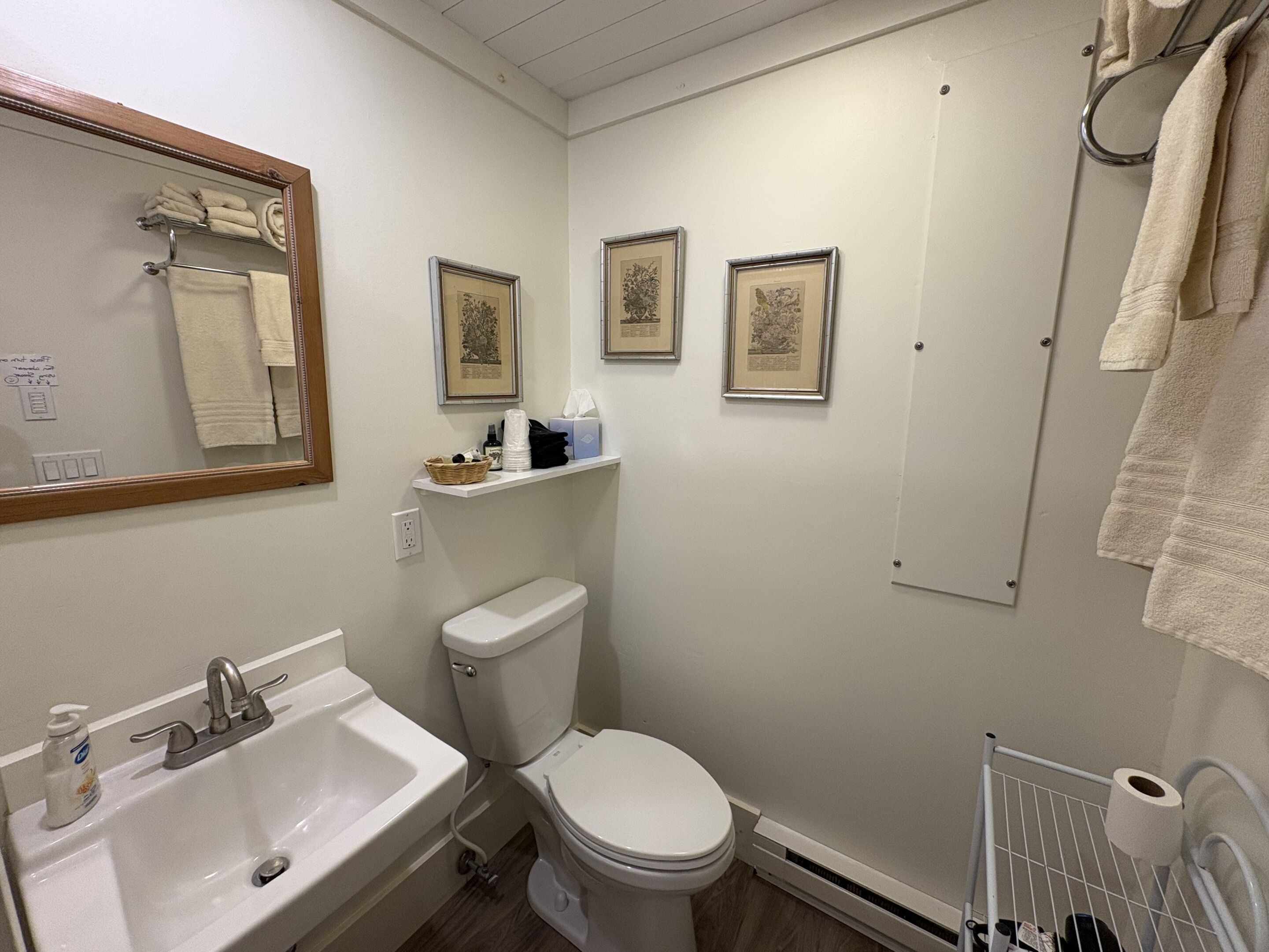 Een badkamer met een wastafel, toilet, ingelijste foto’s en handdoeken.