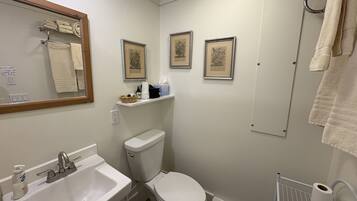 Een badkamer met een wastafel, toilet, ingelijste foto’s en handdoeken.