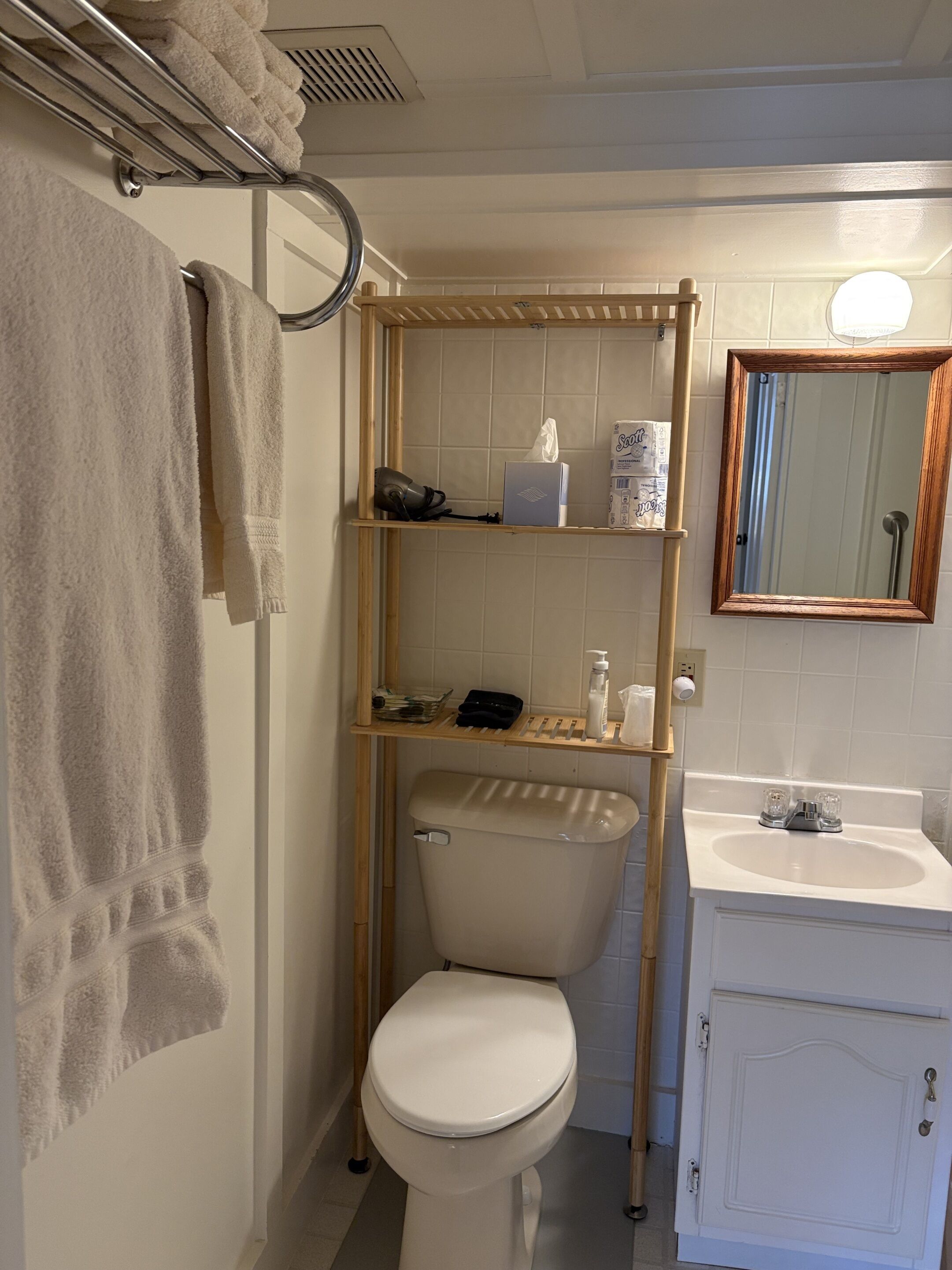 Un baño con inodoro, lavabo, espejo y estante con artículos de aseo.