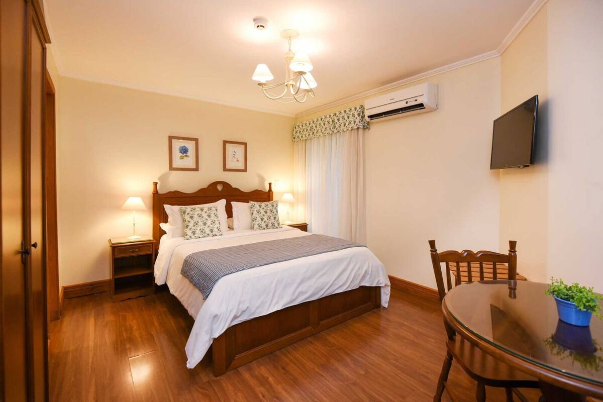 Habitación de hotel con cama de madera, lámparas de noche, un televisor de pantalla plana, una mesita con una planta y un equipo de aire acondicionado.
