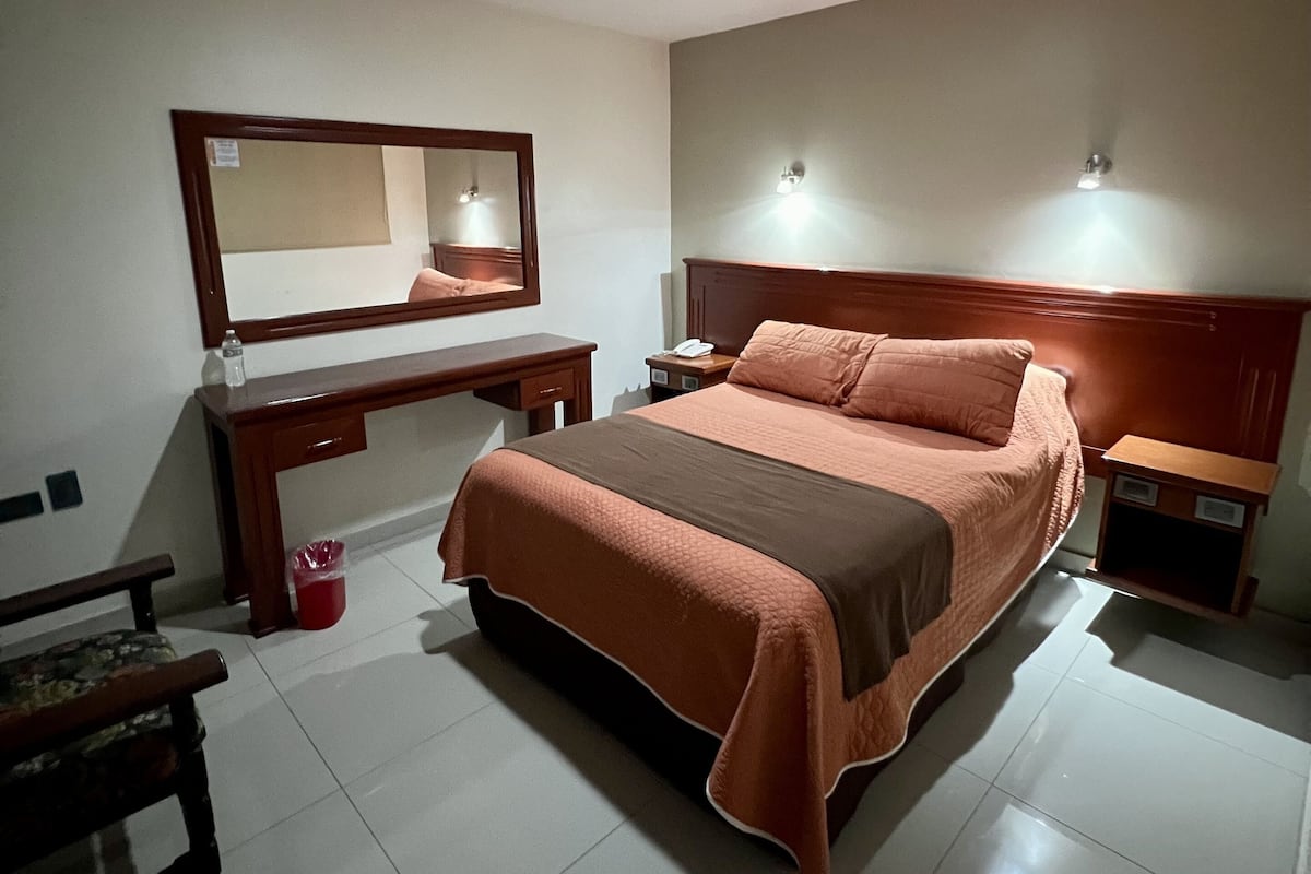 A bedroom with a bed, a desk, a chair, a nightstand, and a mirror.