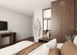 Quarto casal urbano, vista para a cidade | Roupas de cama premium, frigobar, cofres nos quartos, escrivaninha