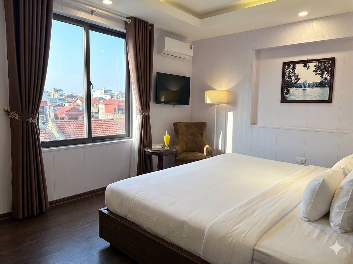 A hotel room with a large bed, a chair, a TV, and a window with curtains.