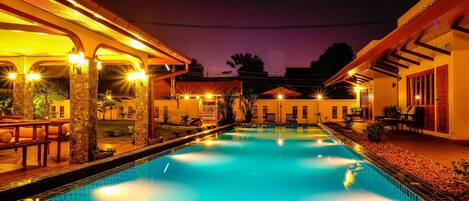 Outdoor pool, pool umbrellas, pool loungers