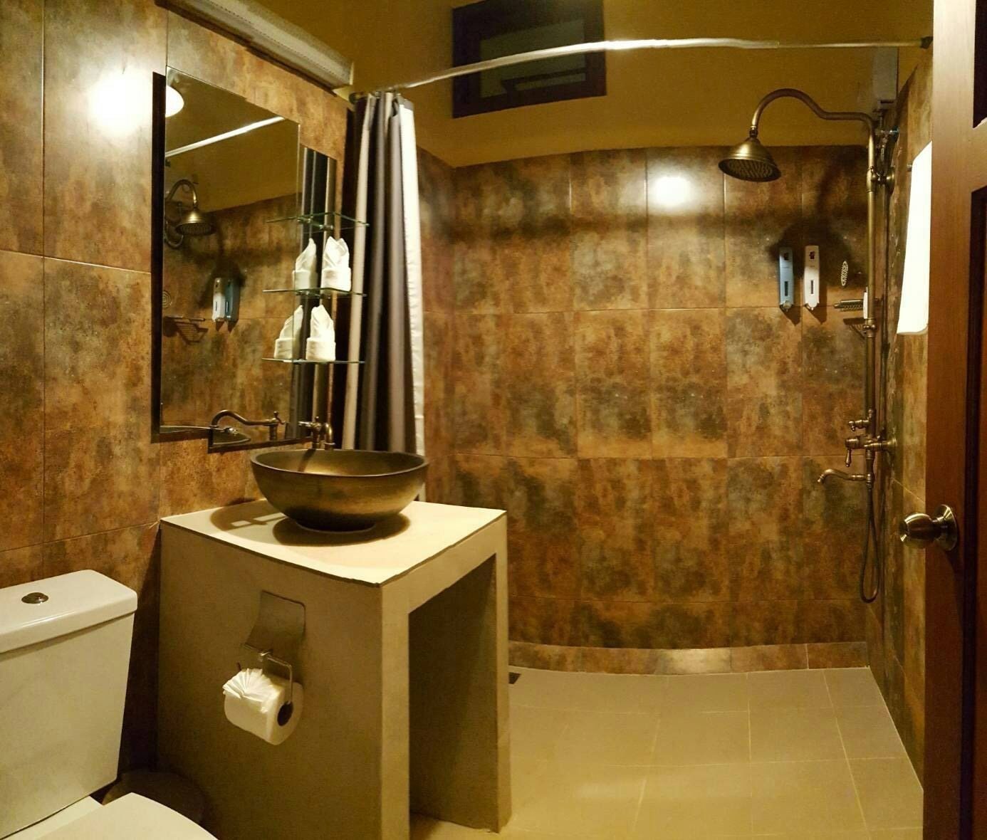 A bathroom with a large bowl sink, a toilet, a shower with a handheld showerhead, and a mirror.