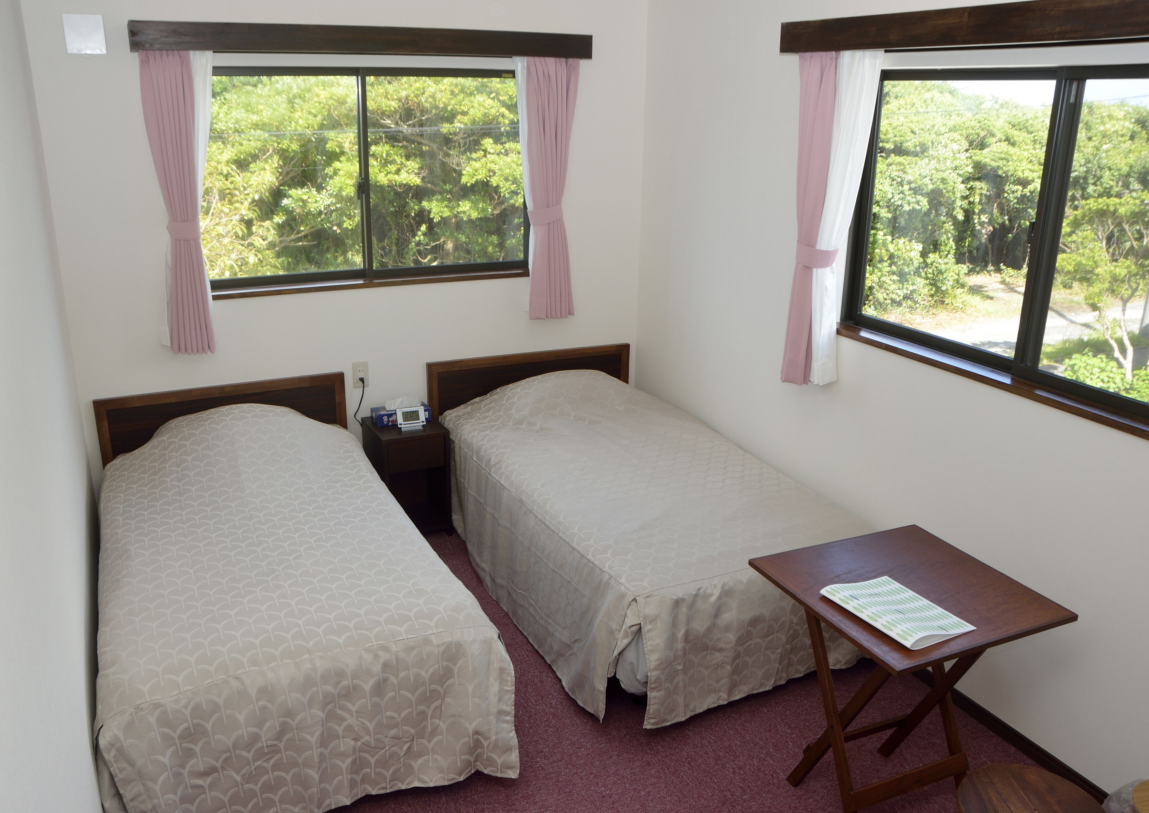 Desk, laptop workspace, blackout curtains, free WiFi