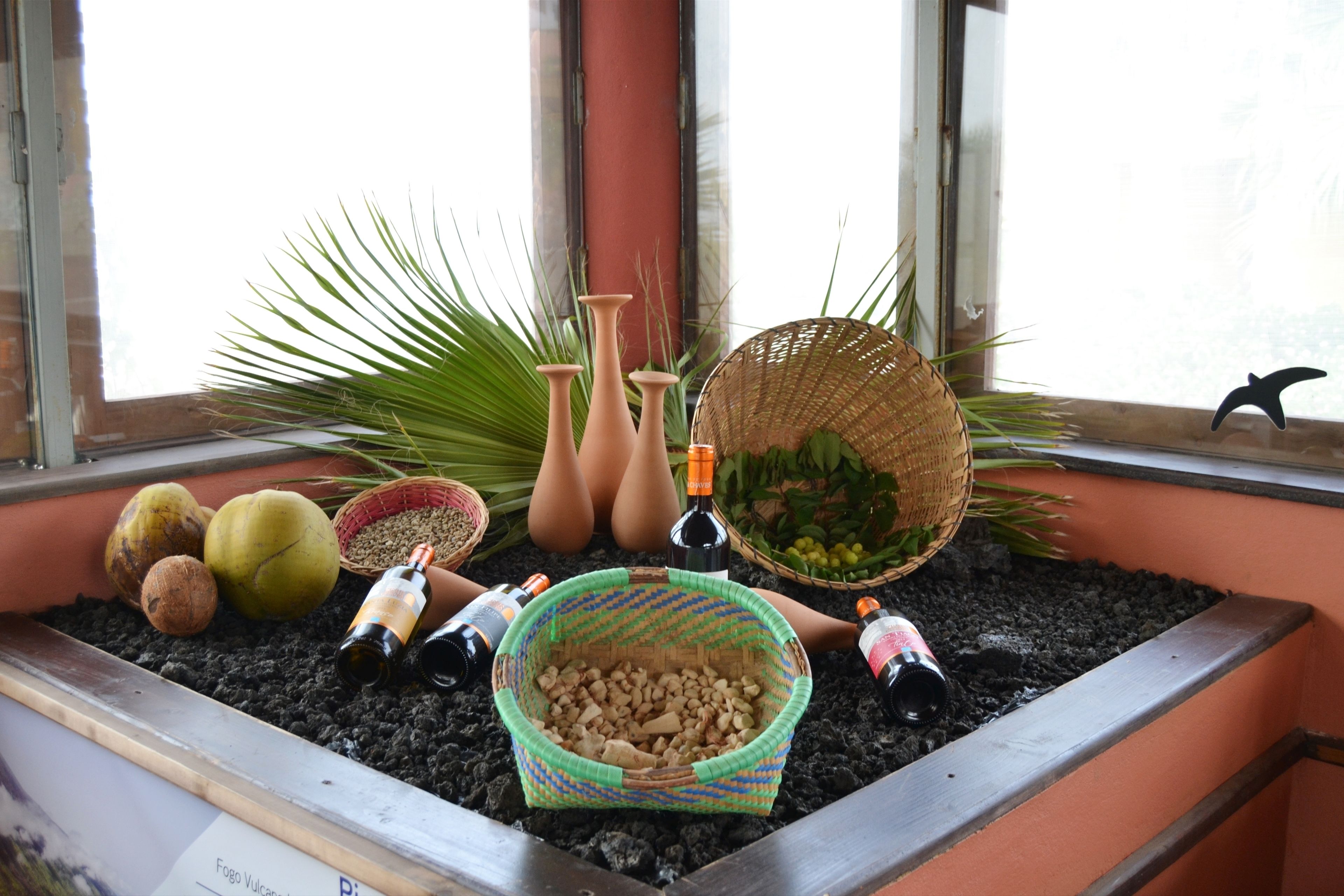 A window display with various items including bottles, fruits, and baskets.