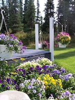 Un jardín con terraza de madera, rodeado de abundante vegetación y cestas de flores colgantes.
