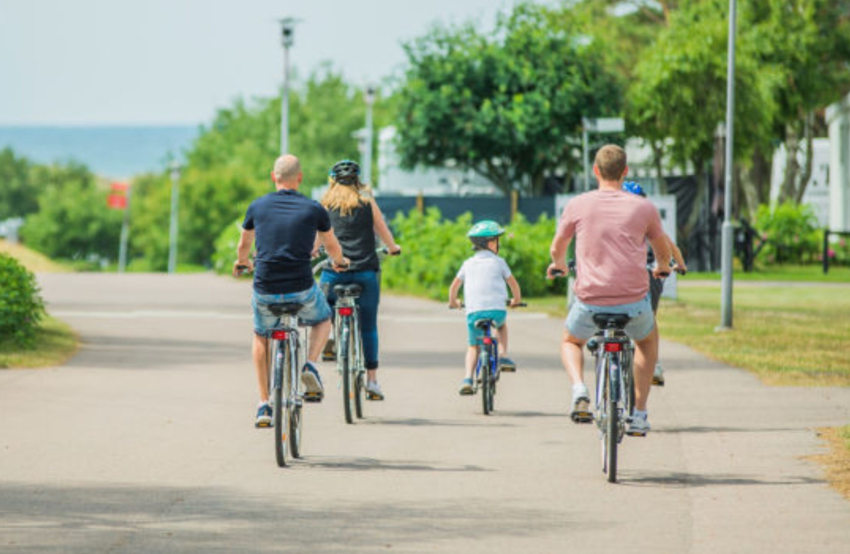 A group of people riding bicycles on a paved path surrounded by greenery and trees.