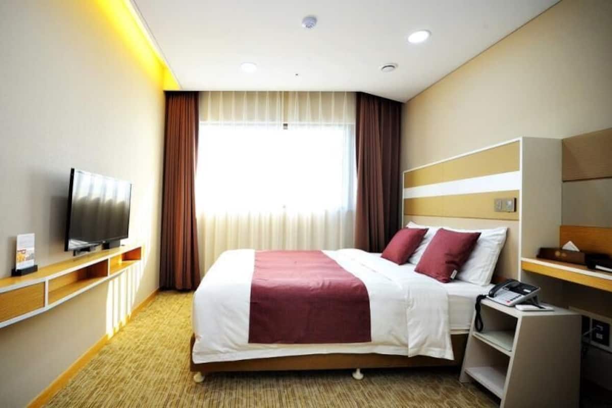 Une chambre d’hôtel avec un lit, une télévision, une table de chevet et un bureau.