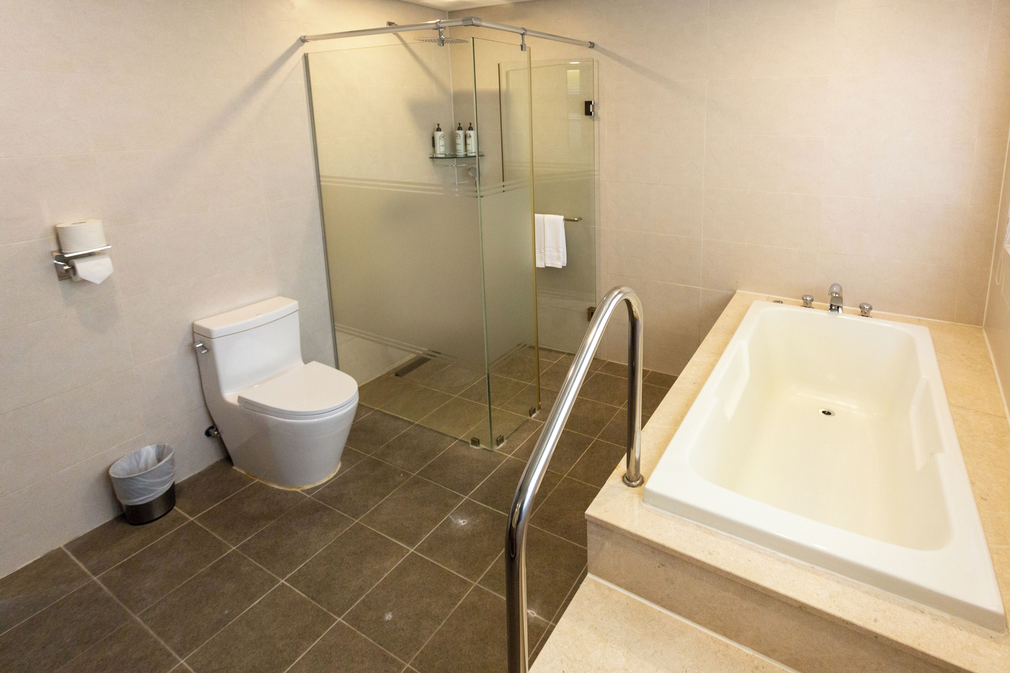 [netflix-watching vacation] suite | bathroom | shower, hair dryer, slippers, towels