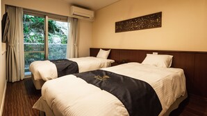 A hotel room with two beds, a large window with curtains, an air conditioning unit, and a decorative wall piece. - Private Villa Gushikumui by Coldio Premium (Motobu)