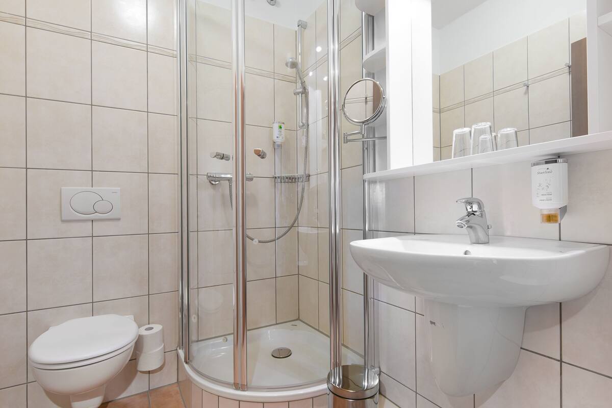 shower, free toiletries, hair dryer, towels