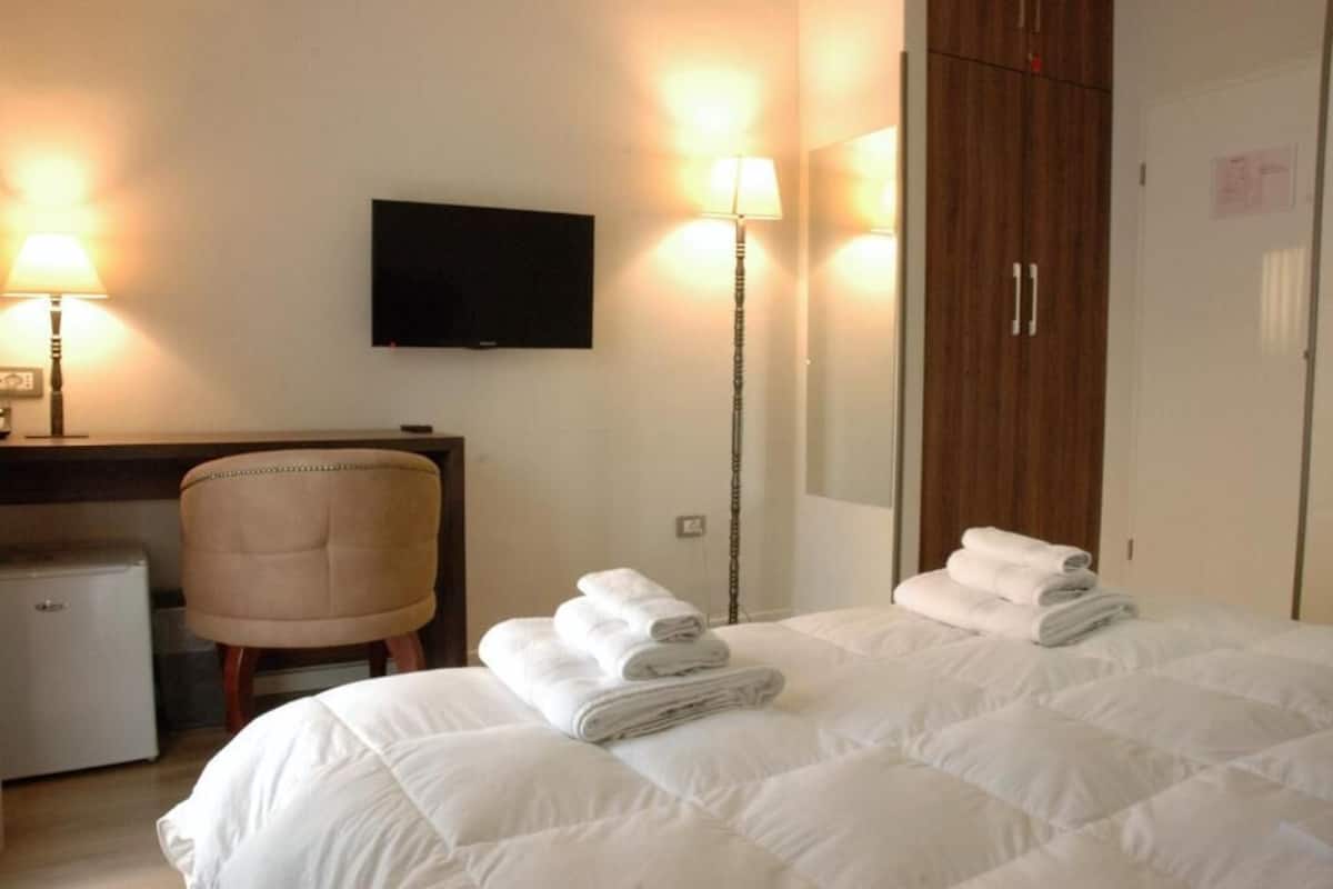 A hotel room with a bed, a desk, a chair, a television, and a wardrobe.
