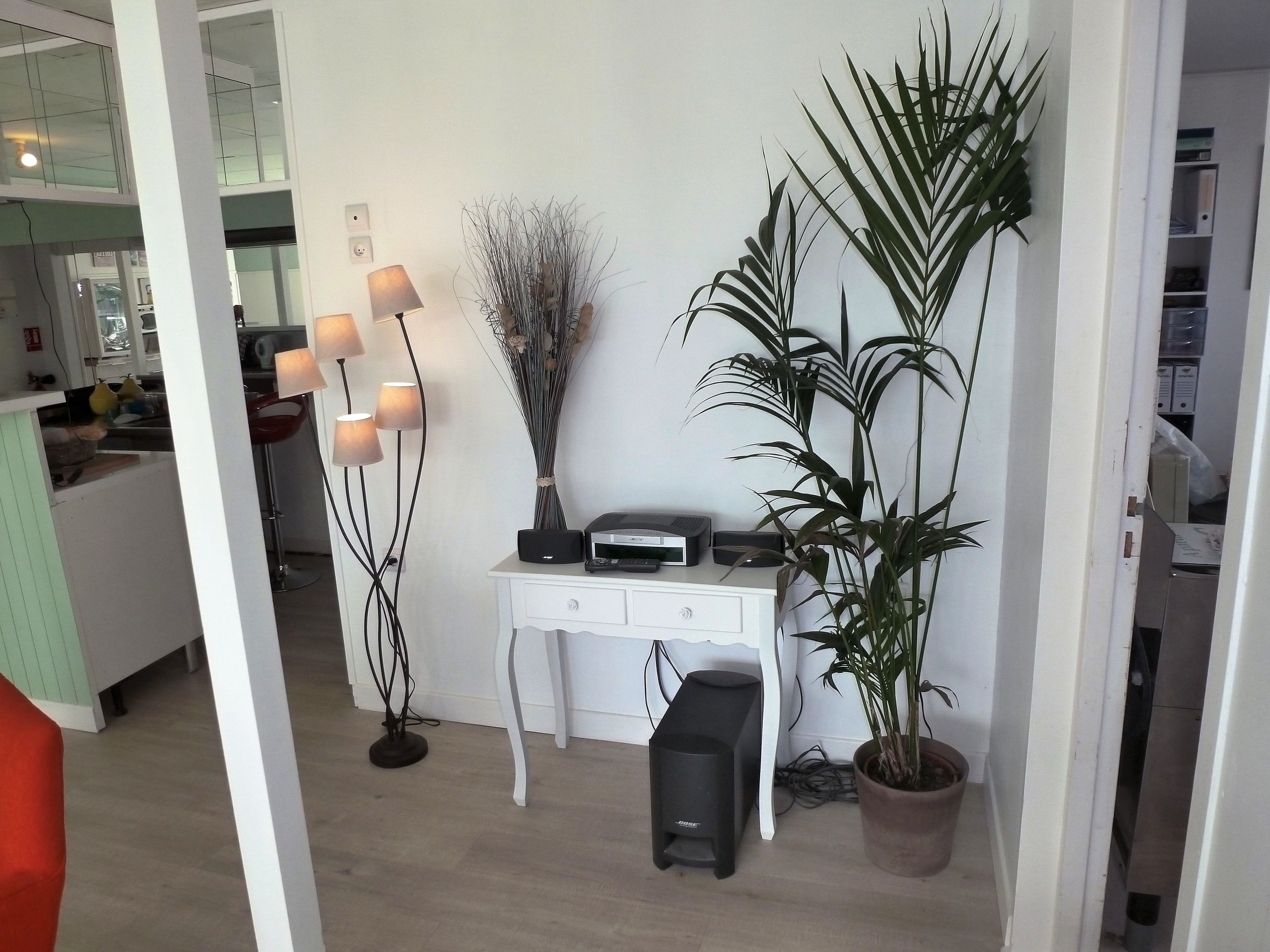 Een moderne woonkamer met een wit bureau, een zwarte speaker, een vloerlamp en twee planten in potten.