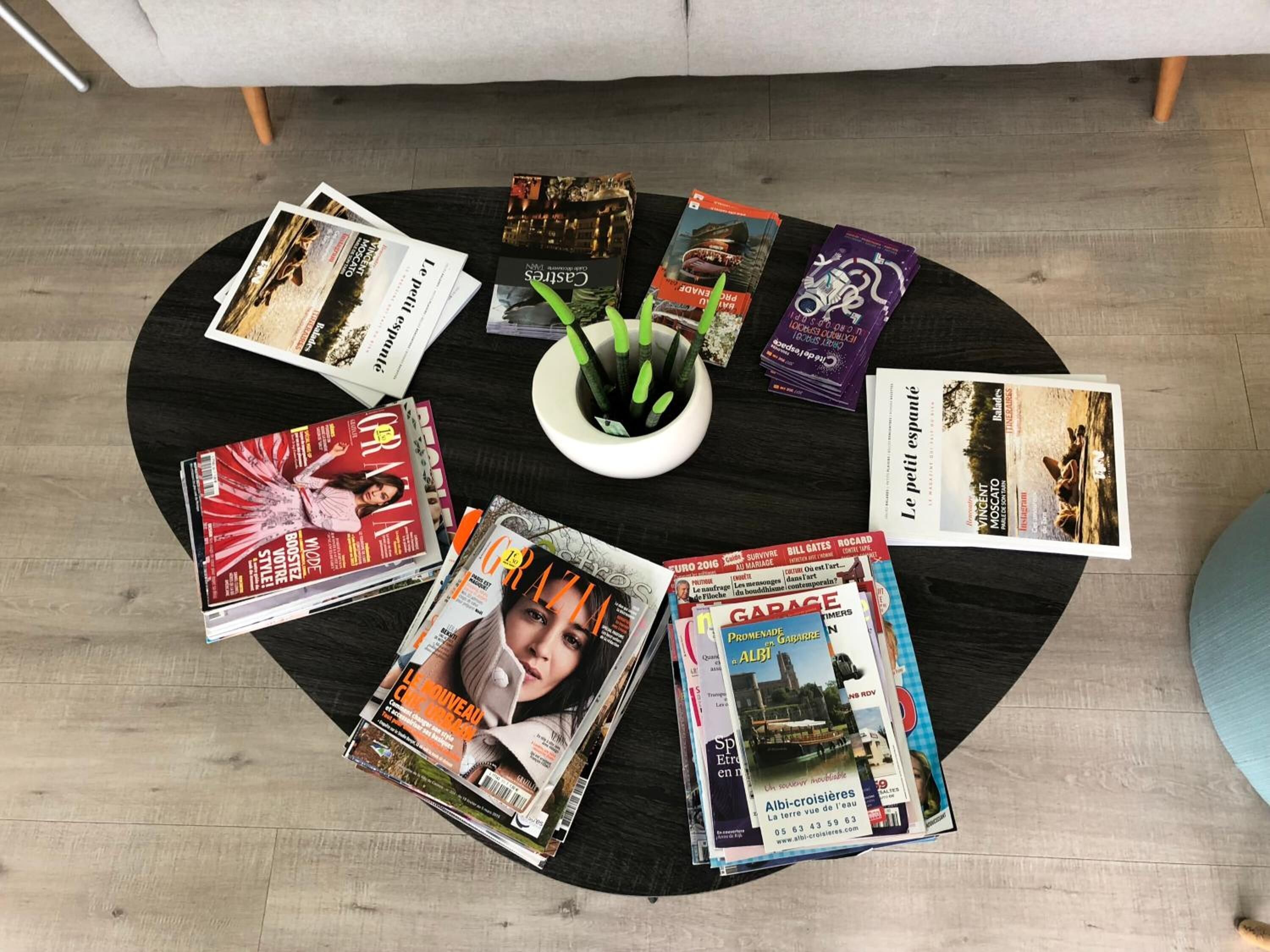 A round table with various magazines and a potted plant.