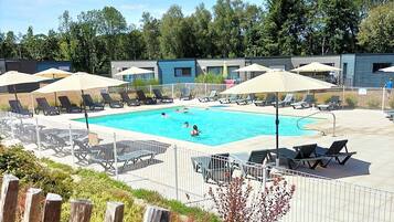 Outdoor pool, pool umbrellas, pool loungers